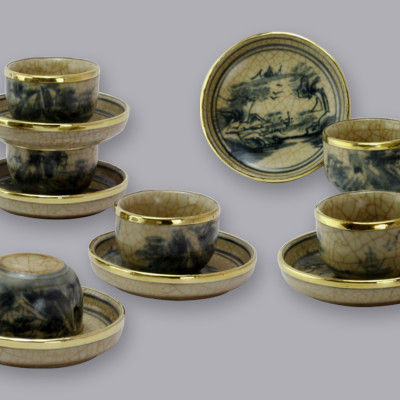 Bộ ấm chén Vại men rạn bọc đồng gốm sứ Bát Tràng (bộ bình uống trà, bình trà)