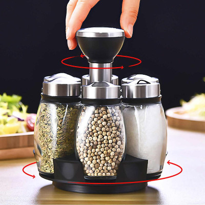 Bộ 6 Lọ Đựng Gia Vị Chất Liệu Thủy Tinh Kèm Đế Xoay 360 Tiện Lợi- TẠo Sang Trọng, Gọn Gàng Cho Căn Bếp