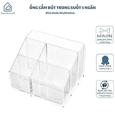 Ống Cắm Bút Trong Suốt 5 Ngăn Đựng Bút Cọ Trang Điểm Decor Bàn Học - Tiện Lợi, Sang Trọng - HÀNG CHÍNH HÃNG MINIIN