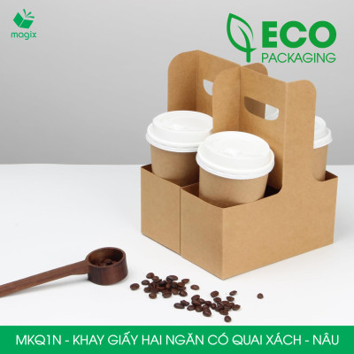 MKQ1N - 17.5x8x9 cm - Combo 100 Khay giấy 2 ngăn quai xách màu nâu siêu chắc, hộp giấy 2 ngăn chống thấm đựng ly nước, hoa và quà tặng