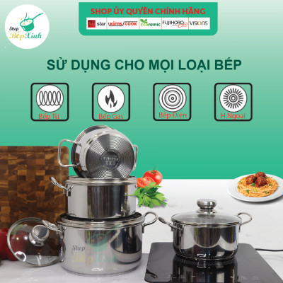 Bộ Nồi Và Chảo Chống Dính Inox 430 Bếp Từ 3 Đáy 5 Món Nắp Kính Fivestar