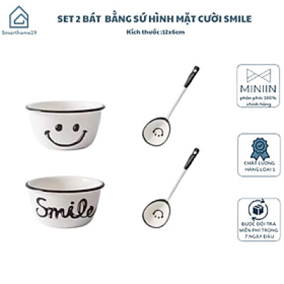 Set 2 Bát Ăn Cơm Sứ Hình Mặt Cười Smile - Chén Ăn Ngon Miệng Cho Bé, Hoạt Hình Dễ Thương Kèm 2 Thìa - HÀNG CHÍNH HÃNG MINIIN
