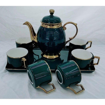 BỘ ẤM CHÉN KÈM KHAY SỨ MÀU XANH NGỌC VIỀN VÀNG DÁNG BẦU