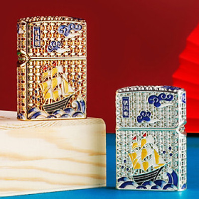 Vỏ Hột Quẹt Bật Lửa Hộp Quẹt Xăng Đá Zorro Z-KJ1248 Họa Tiết Sơn Mài Thuyền Buồm - Dùng Xăng Bấc Đá Cao Cấp