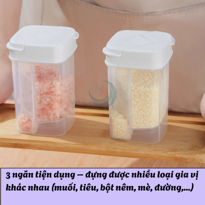 Hũ Gia Vị Đa Năng 3 Ngăn Nắp Gạt Thông Minh- Lọ Đựng Gia Vị Mini Đa Dụng Chia Ngăn- Hộp Đựng Muối, Đường, Tiêu 3 Trong 1- Hũ Gia Vị Nắp Đậy Tiện Dụng Có Lỗ Rắc