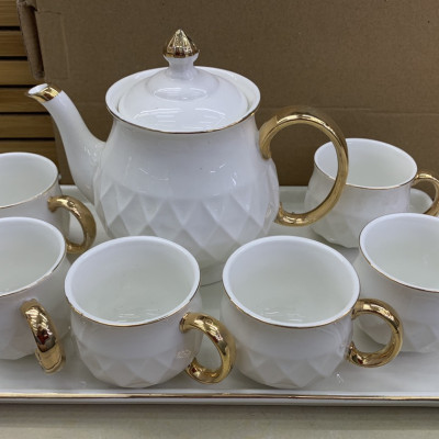 Bộ ắm chén pha trà kèm khay sứ camelia trắng vân caro - ANTH468