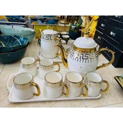 BỘ ẤM CHÉN KÈM KHAY SỨ CAO CẤP PHA TRÀ CÀ PHÊ TRẮNG HỌA TIẾT MẮT XÍCH