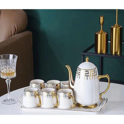 BỘ ẤM CHÉN KÈM KHAY SỨ CAO CẤP PHA TRÀ CÀ PHÊ TRẮNG HỌA TIẾT MẮT XÍCH