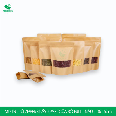 MTZ1N - 10x15cm - Combo 100 Túi Zipper giấy Kraft Nâu đáy đứng có cửa sổ