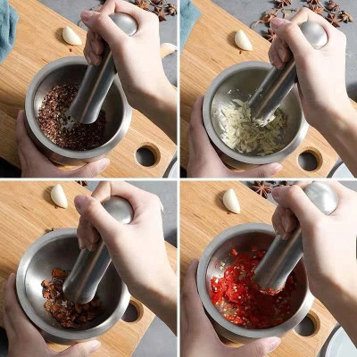 Cối chày inox 304  cao cấp đúc nguyên khối - Kèm nắp đậy , dùng giã hành tỏi, ớt, cua  , dày dặn, không bám mùi, dễ vệ sinh - Size 10cm