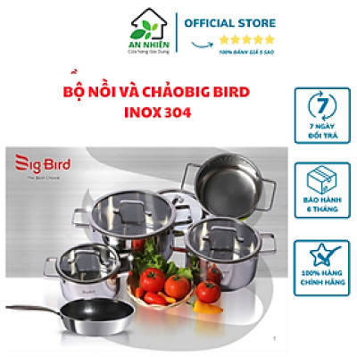 BỘ NỒI VÀ CHẢO BIG BIRD BLACK CUBE INOX 304 LIỀN KHỐI CAO CẤP, GỒM 1 CHẢO BIG BIRD INOX 304 SIZE 20 CM VÀ 4 NỒI GỒM SIZE 16CM, 18CM, 20CM, 24CM; NẮP KÍNH BẰNG, QUAI VUÔNG, DÙNG ĐƯỢC CHO MỌI LOẠI BẾP TỪ, HỒNG NGOẠI, GA