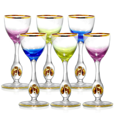 Bộ 6 ly rượu mạnh pha lê 6 màu viền vàng 24k 050 ml Tiệp Khắc
