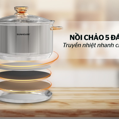 Bộ nồi chảo inox 5 đáy Sunhouse SHG789 - Hàng Chính Hãng