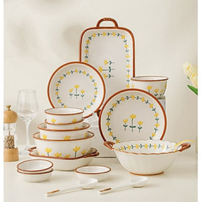 Bộ Bát Đĩa Thương Hiệu GOSU họa tiết Hoa Tulip Vàng nước men sáng đẹp