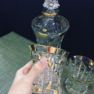 Bộ Bình và 6 Ly Uống Rượu Whiskey Pha Lê Mạ Vàng Họa Tiết Kim Cương (700/200ml)