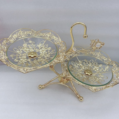 KHAY ĐỰNG BÁNH KẸO HOA QUẢ THỦY TINH 2 TẦNG KHUNG KIM LOẠI DÁNG NGANG - VD29