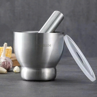 Cối chày inox 304  cao cấp đúc nguyên khối - Kèm nắp đậy , dùng giã hành tỏi, ớt, cua  , dày dặn, không bám mùi, dễ vệ sinh - Size 10cm