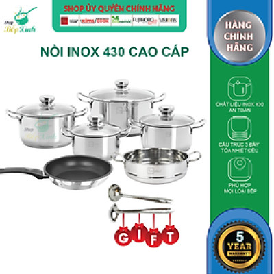 Bộ nồi xửng hấp inox và chảo chống dính FIVESTAR Standard 3 đáy 6 chiếc inox 430 nắp kính dùng được bếp từ , hồng ngoại