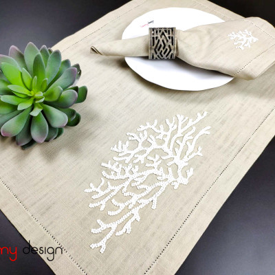 Bộ lót đĩa và khăn ăn linen thêu san hô