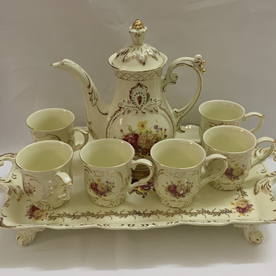 Bộ bình trà sứ phong cách hoàng gia cổ điển màu trắng ngà họa tiết hoa cúc - ANTH603