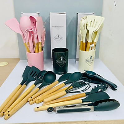 Bộ dụng cụ nhà bếp nấu ăn silicon 14 món chịu nhiệt tốt dụng cụ nấu ăn làm bánh chống dính dễ dàng vệ sinh, Cán Gỗ Chống Dính Food &drinks kitchen set