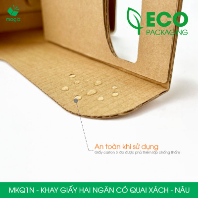 MKQ1N - 17.5x8x9 cm - Combo 100 Khay giấy 2 ngăn quai xách màu nâu siêu chắc, hộp giấy 2 ngăn chống thấm đựng ly nước, hoa và quà tặng