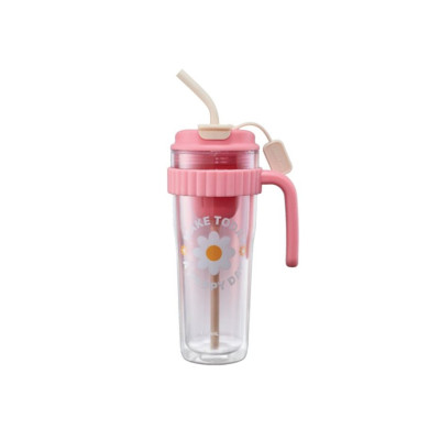 Ly nhựa 2 lớp có tay cầm 890ml LocknLock màu hồng HAP538PIK, Hàng chính hãng, họa tiết dễ thương, kèm ống hút silicone - JoyMall