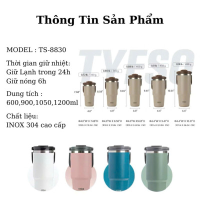 Cốc giữ nhiệt TYESO TS-8827 750ml tay cầm công thái học Chống tràn & Giữ nhiệt 12 tiếng