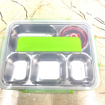 Bộ khay cơm phần 5 ngăn inox 304 có chén đựng canh và muỗng đũa