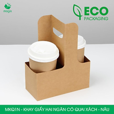 MKQ1N - 17.5x8x9 cm - Combo 60 Khay giấy 2 ngăn quai xách màu nâu siêu chắc, hộp giấy 2 ngăn chống thấm đựng ly nước, hoa và quà tặng
