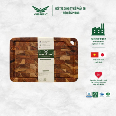 Thớt gỗ Teak Vibasic A80 phiên bản YÊU NƯỚC, ghép dựng block kích thước 350x250x27mm có lỗ treo, khắc logo 80 năm 2/9