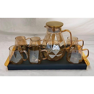 COMBO BỘ BÌNH CỐC THỦY TINH MÀU VÀNG GÔN CHỊU NHIỆT CAO CẤP VÂN KIM CƯƠNG KÈM KHAY ( KHAY XANH GIAO NGẪU NHIÊN )