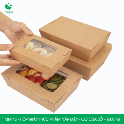 MFH4B - 1600ml - 25 hộp giấy kraft đựng thực phẩm, hộp giấy đựng thức ăn có cửa sổ, hộp đựng cơm