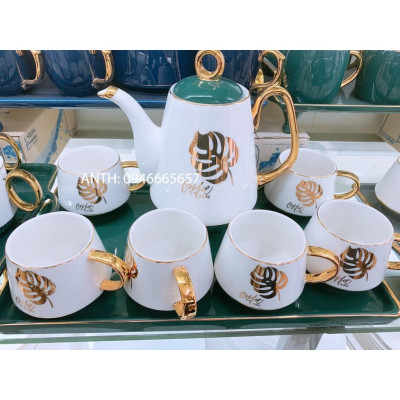 BỘ ẤM CHÉN PHA TRÀ CÀ PHÊ TRẮNG NẮP XANH HỌA TIẾT LÁ VÀNG KÈM KHAY SỨ XANH