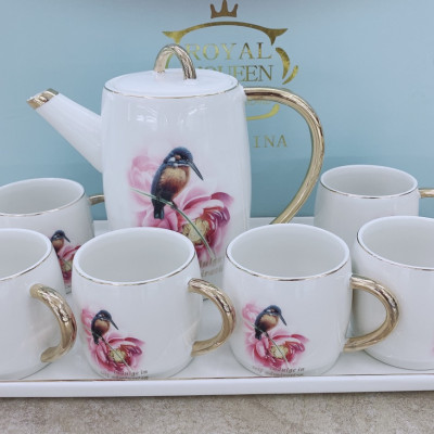 BỘ ẤM CHÉN KÈM KHAY  SỨ CAMELIA PHA TRÀ CÀ  PHÊ MÀU TRẮNG HỌA  TIẾT CHIM VÀ HOA TÍM - ANTH406