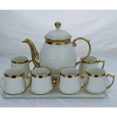 BỘ ẤM CHÉN KÈM KHAY SỨ PHA TRÀ CÀ PHÊ TRẮNG VIỀN VÀNG ẤM BẦU CAO ( GIAO NGẪU NHIÊN MẪU CHÉN ), HÀNG CAP