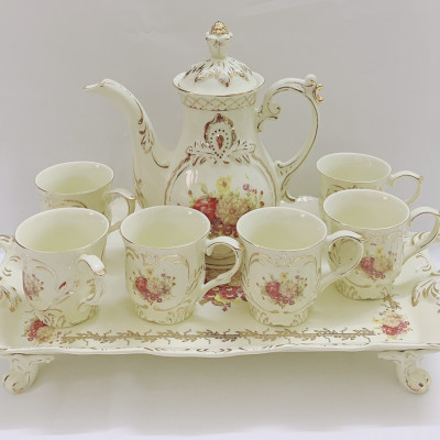 Bộ bình trà sứ phong cách hoàng gia cổ điển màu trắng ngà họa tiết hoa cúc - ANTH603