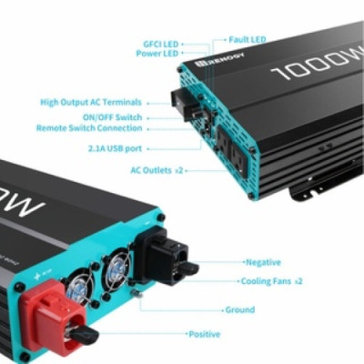 Bộ Đổi Điện Sóng Sin Chuẩn, Bộ Kích Điện INVERTER 12V công suất 1000W thương hiệu RENOGY của MỸ sử dụng trên RV, motorhome và pickup