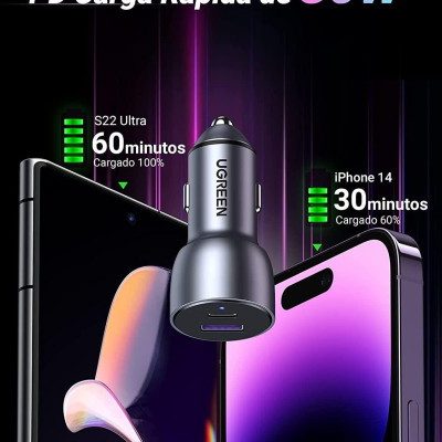 Ugreen UG90797CD213TK PD45W + QC3.0 18W Màu XámTẩu Sạc nhanh cho xe hơi gồm cổng USB-C PD45W + USB-A QC3.0 18W - HÀNG CHÍNH HÃNG