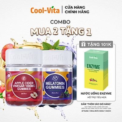 Combo Kẹo Dẻo Giấm Táo & Kẹo Dẻo Melatonin Coolvita Hỗ Trợ Tiêu Hóa - Tăng Cường Miễn Dịch - Cải Thiện Giấc Ngủ - Giảm Căng Thẳng, Kết Hợp Vitamin B12, Axit Folic & Vitamin B6 - 2 Hộp (60 viên x 3g)/hộp