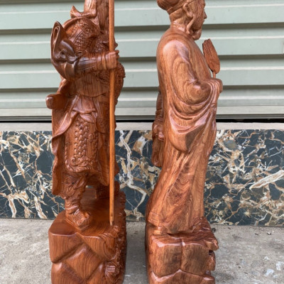 Cặp văn võ song toàn,tượng  khổng minh và quan công  bằng gỗ hương kt cao 30×13×11cm  