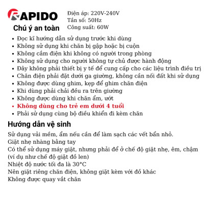 Đệm điện Poly Rapido REB-60SG, chất liệu poly cao cấp, công suất 60W, bảo hành toàn quốc 1 năm - Hàng chính hãng