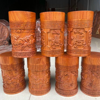 Hộp đựng chè trà trạm khắc nhiều hoa văn khắc nhau bằng gỗ hương đá kt cao 20×11,5cm