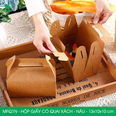 MFQ1N - 13.5x10x10 cm - 100 hộp giấy kraft có quai xách - Hộp đựng bánh ngọt, hộp quà tặng handmade
