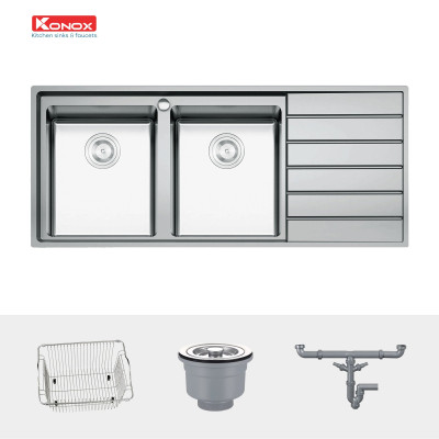 Chậu rửa bát Konox, European Series, Model Premium KS11650 2B , Inox 304AISI tiêu chuẩn châu Âu, 1160x500x215(mm), Hàng chính hãng