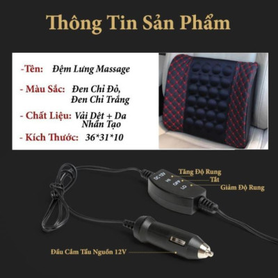 Đệm Tựa Lưng Massage bọc da trên xe oto- Màu Đen Chỉ Đỏ