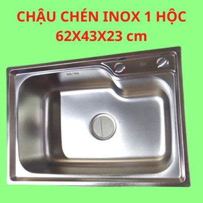 Chậu chén inox 1 hộc kích thước 62x43x23 cm (đầy đủ bộ xả)