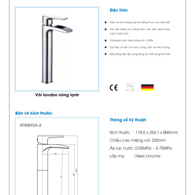 Vòi lavabo nóng lạnh cao ATMOR AT90893A-4 (HÀNG CHÍNH HÃNG)
