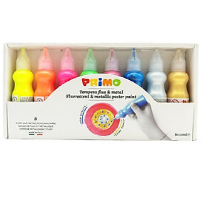 Bộ 8 Chai Màu Poster Paint Chất Lượng Cao 75ml (4 Màu Dạ Quang, 4 Màu Kim Loại) PRIMO 2532FM8