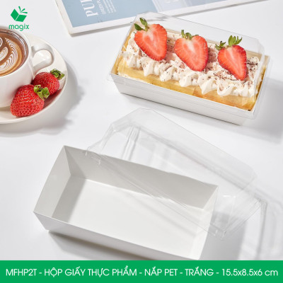 MFHP2T - 15.5x8.5x6 cm - 100 hộp giấy thực phẩm màu trắng nắp Pet, hộp giấy chữ nhật đựng thức ăn, hộp bánh nắp trong